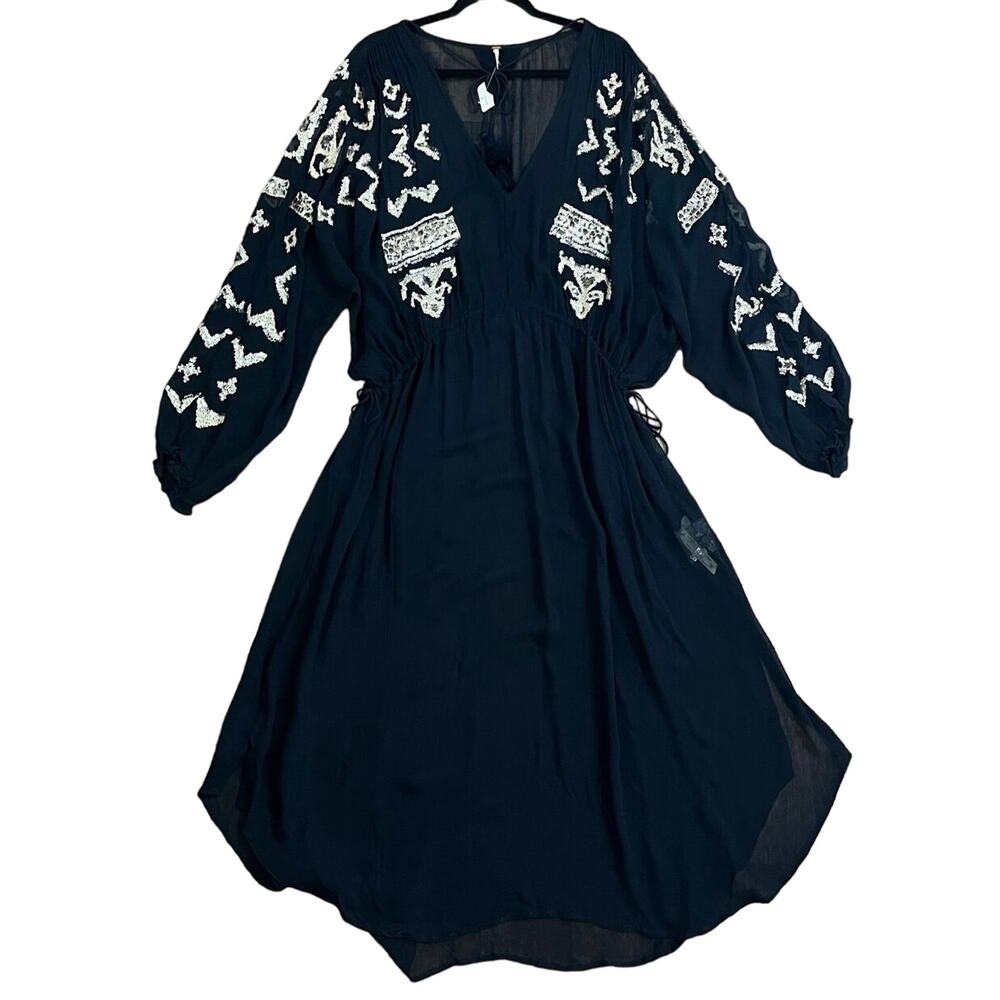 Free people Women Maxi sheer Dress Black Embroidered Sequins Long Sleeve Size L